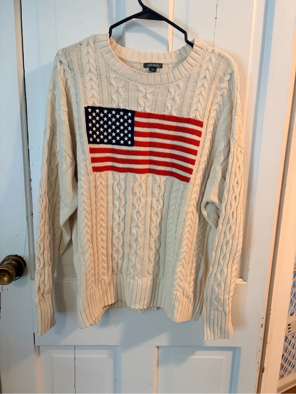 wild fable Cream Cable-Knit Sweater with Red & Blue Flag
